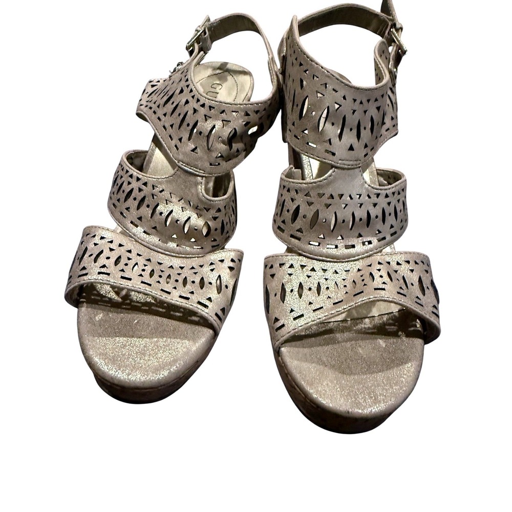 GUESS Annora Womens Metallic Gold Laser Cut Cork Platform Wedge Sandals Size 10M